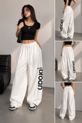 Women’s White Wide Leg Track Pants with Graphic Print | Oversized High-Waist Streetwear Joggers