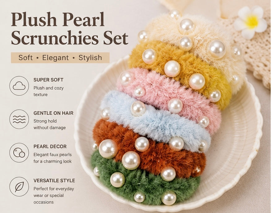 Plush Pearl Scrunchies – Luxury Fuzzy Hair Ties (Pack of 6)