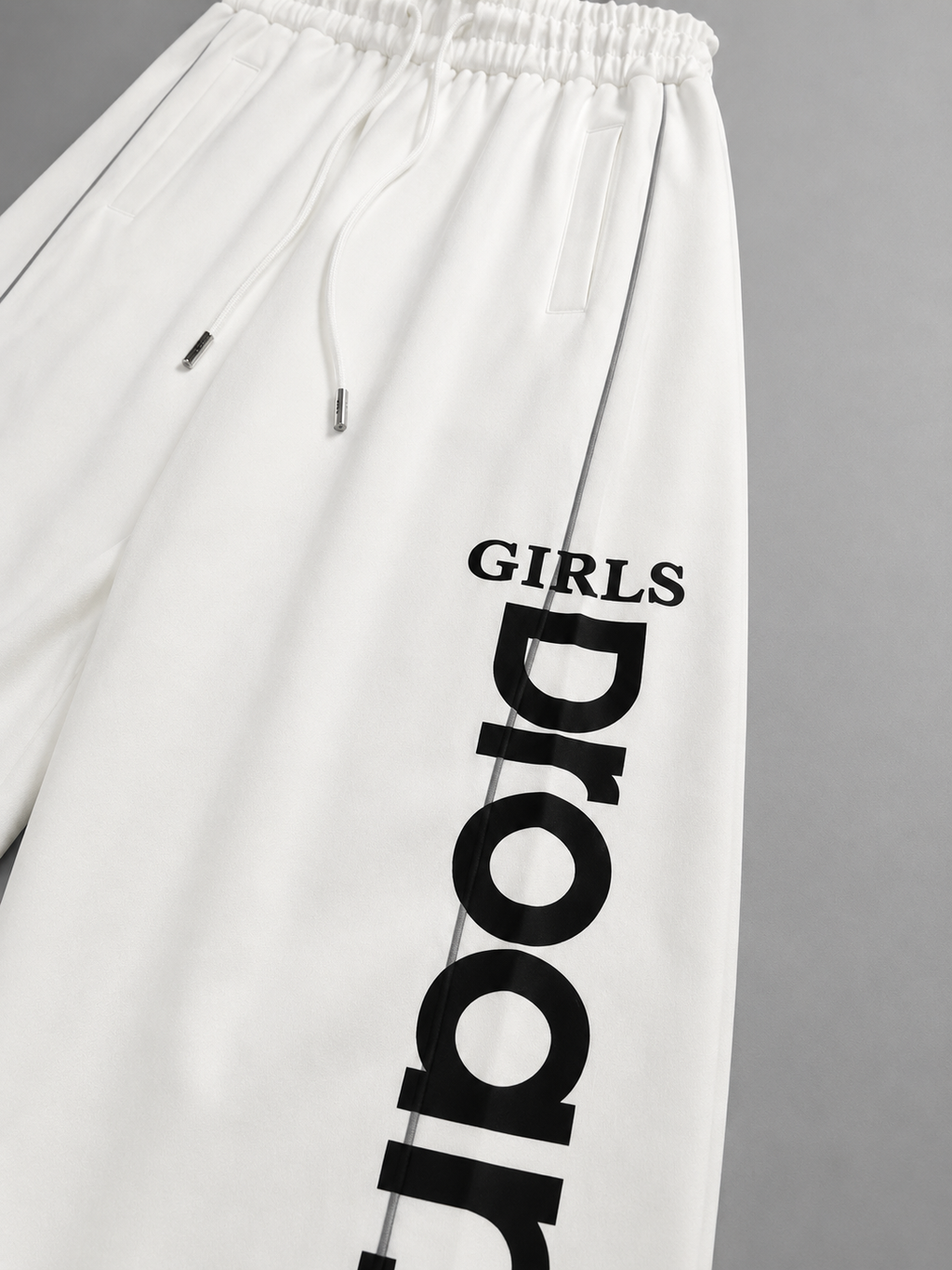 Women’s White Wide Leg Track Pants with Graphic Print | Oversized High-Waist Streetwear Joggers