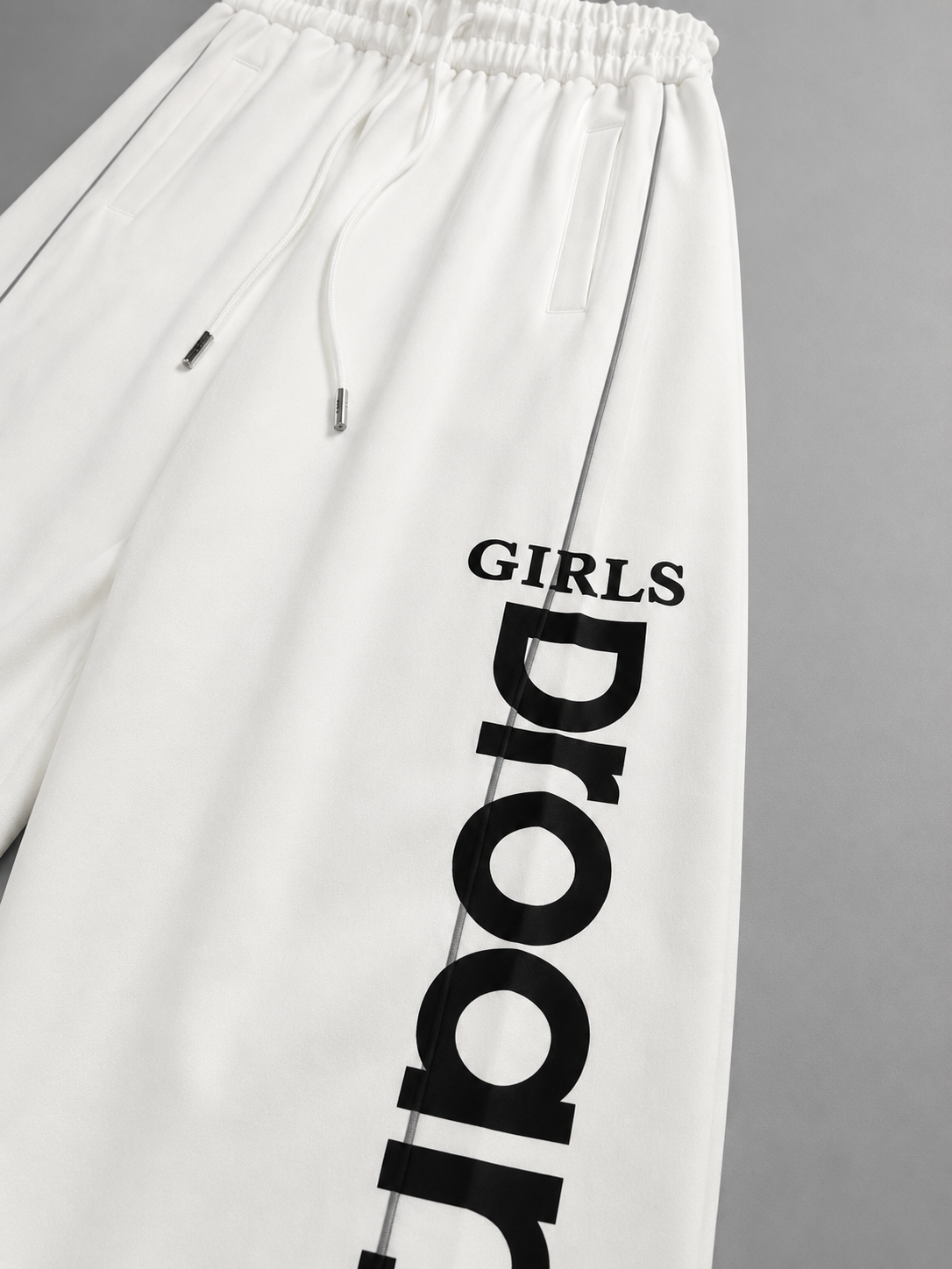 Women’s White Wide Leg Track Pants with Graphic Print | Oversized High-Waist Streetwear Joggers