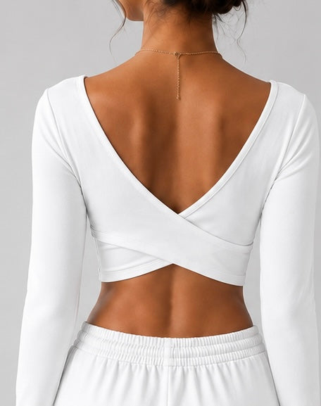 Women’s Long Sleeve Backless Cross-Wrap Crop Top