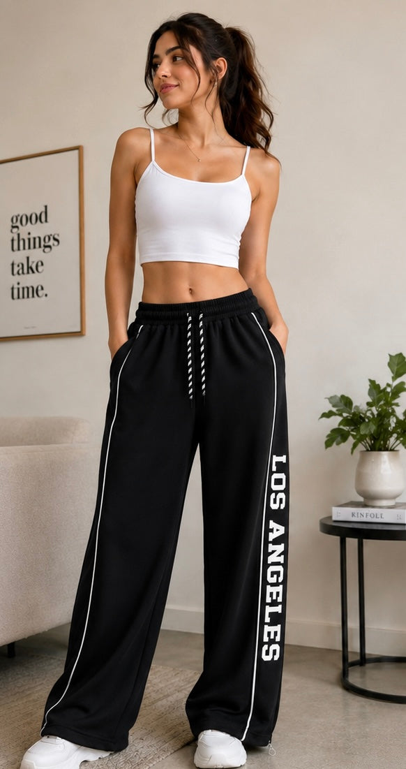 Women’s Red Wide Leg Track Pants with Side Piping & Los Angeles Print | High-Waist Casual Streetwear