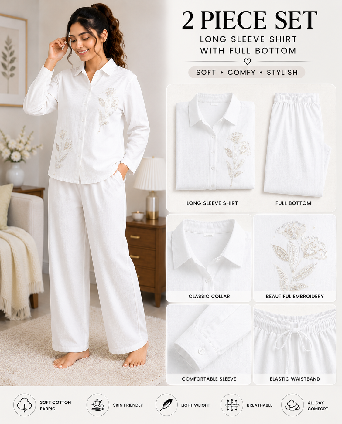 Women’s Premium Cotton Embroidered Night Suit Set | 2 Piece Full Sleeve Shirt & Full Bottom Pajama Set | Soft Breathable Lounge Wear | Regular Fit