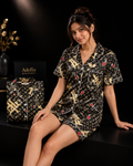 Women’s Premium Satin Night Suit Set | Half Sleeve Button-Down Shirt & Shorts | Soft Silk Feel Designer Printed Sleepwear | Black Lounge Wear