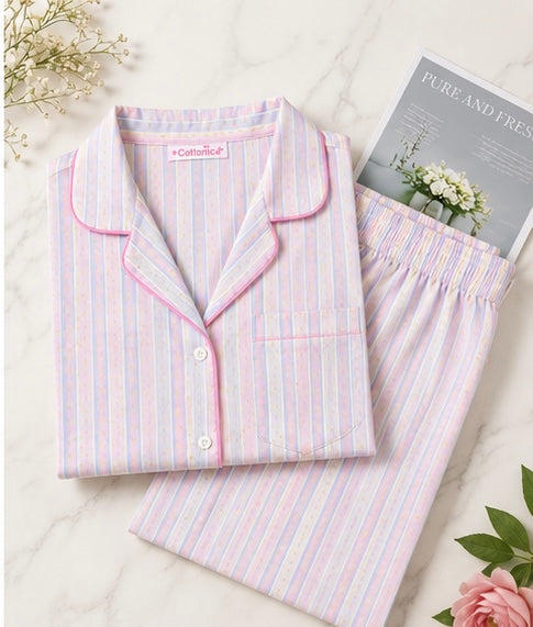 Women’s Premium Cotton Striped Night Suit Set | Soft Half Sleeve Button-Down Pajama Set | Comfortable Sleepwear | Pink & Lavender