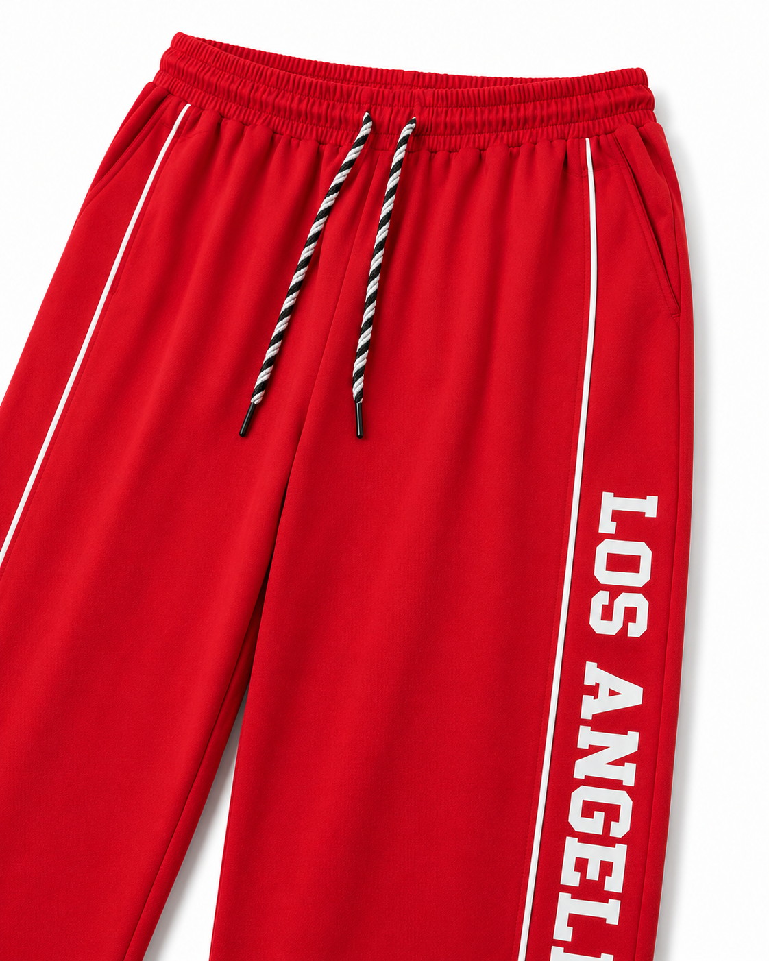 Women’s Red Wide Leg Track Pants with Side Piping & Los Angeles Print | High-Waist Casual Streetwear