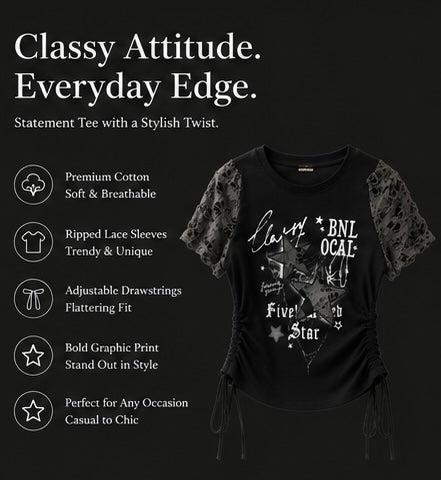 Women’s Graphic Print Lace Sleeve Top – Casual Ruched Side T-Shirt