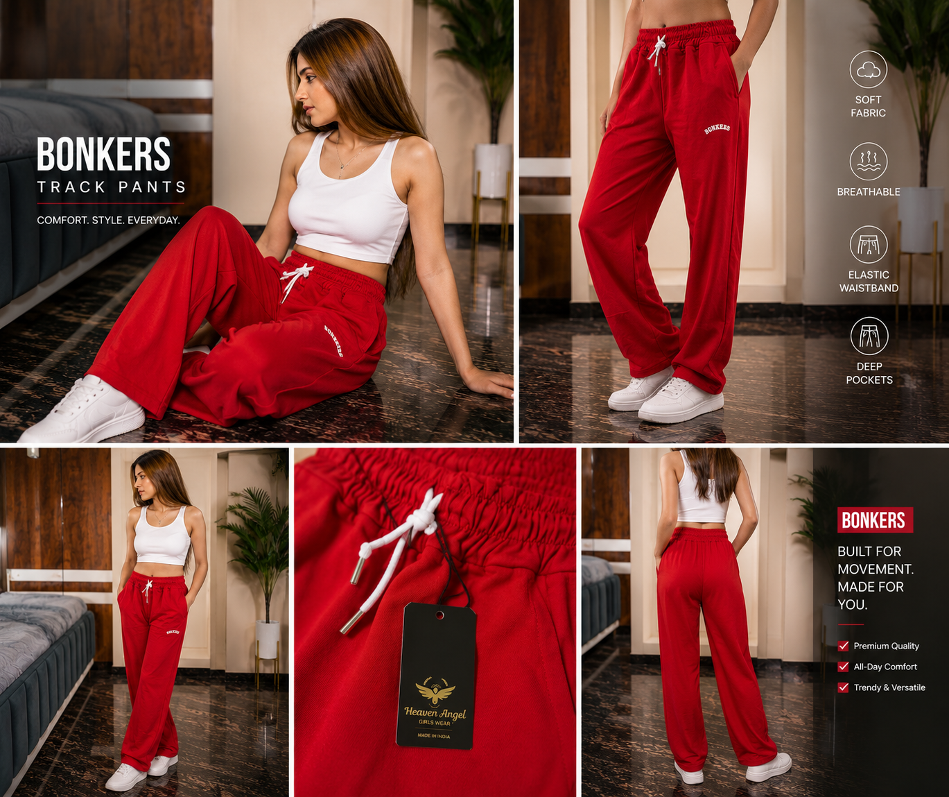 Women’s Bonkers Wide Leg Track Pants – High Waist Relaxed Fit Joggers
