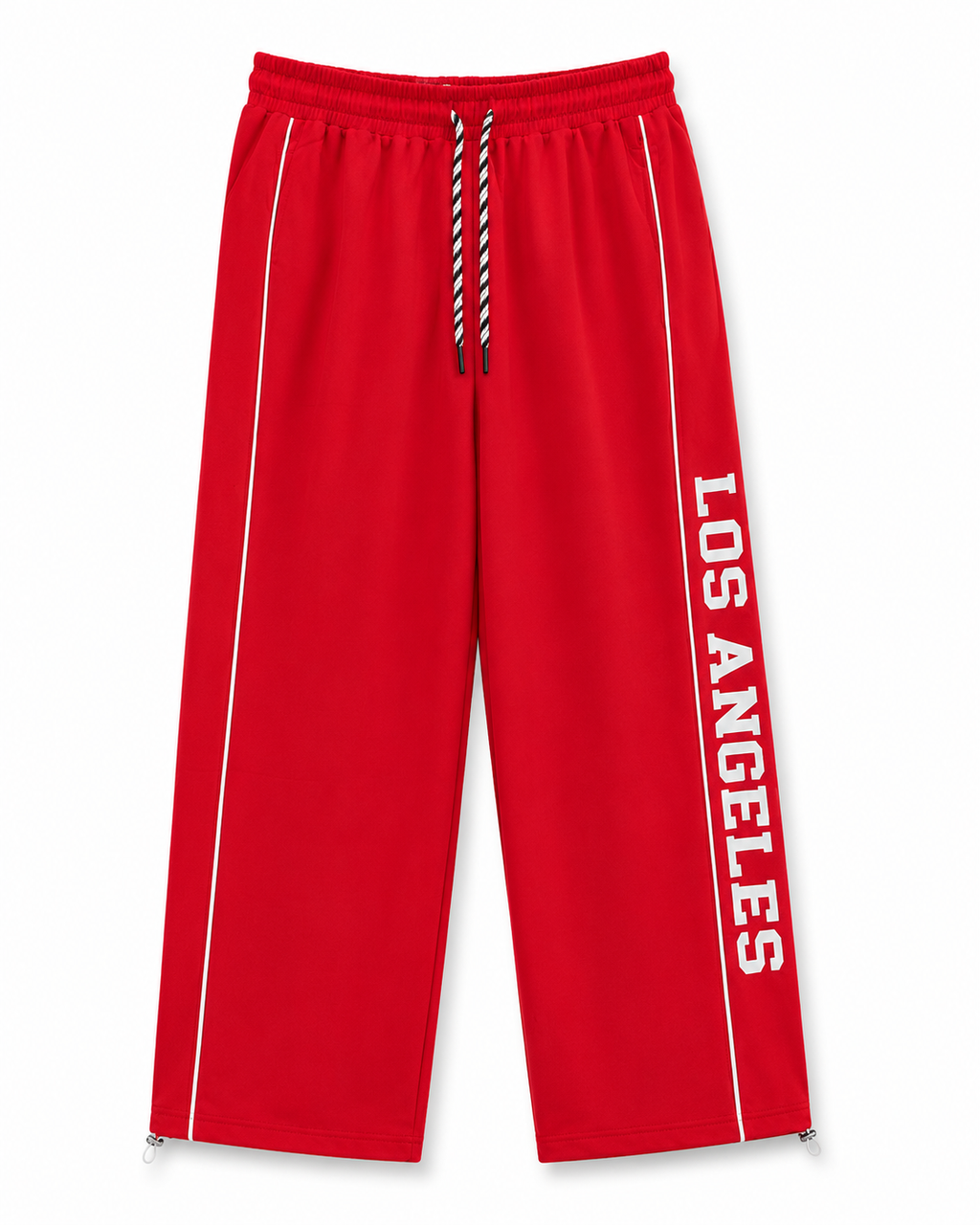 Women’s Red Wide Leg Track Pants with Side Piping & Los Angeles Print | High-Waist Casual Streetwear