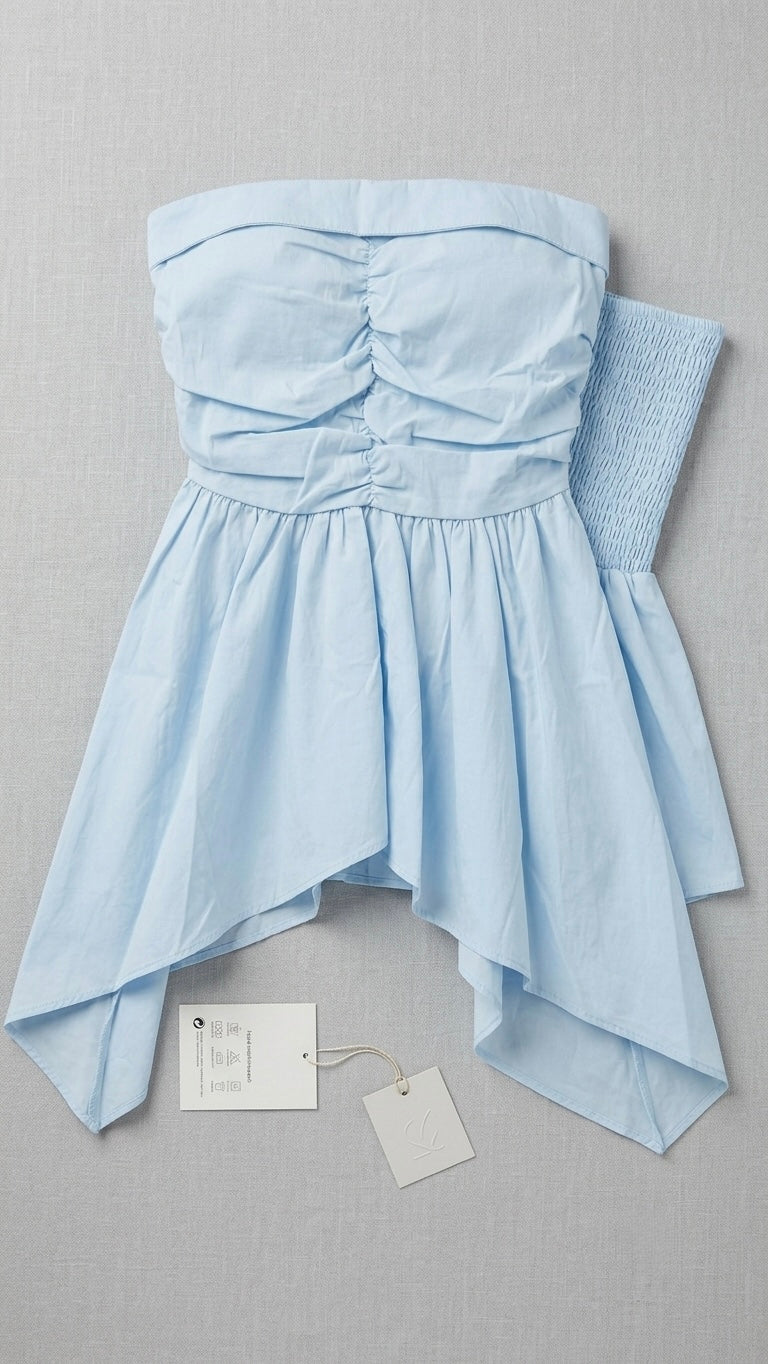 Women’s Sky Blue Strapless Ruched Peplum Tube Top | Smocked Back Sleeveless Summer Top
