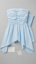 Women’s Sky Blue Strapless Ruched Peplum Tube Top | Smocked Back Sleeveless Summer Top