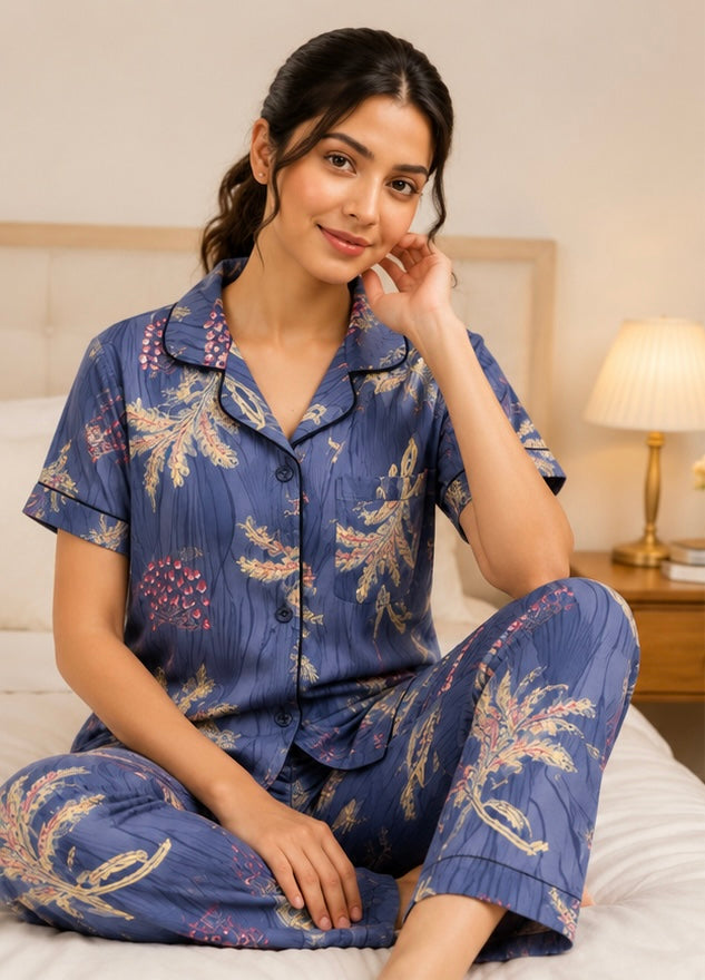 Women’s Botanical Print Cotton Night Suit Set – Full Sleeve Button-Down Pajama Set