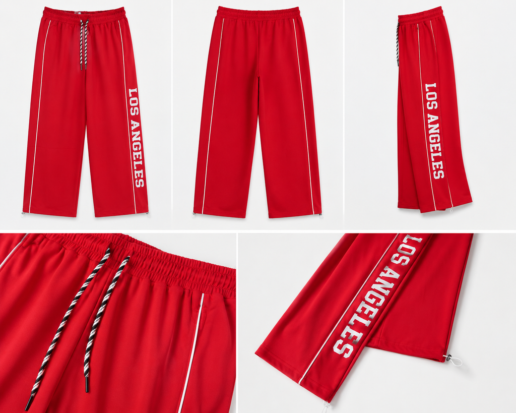 Women’s Red Wide Leg Track Pants with Side Piping & Los Angeles Print | High-Waist Casual Streetwear