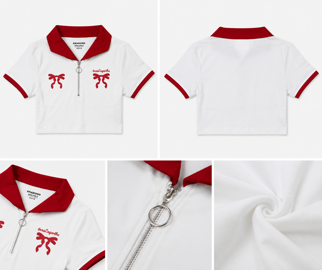 Cherry Zip-Up Crop Polo Top for Women