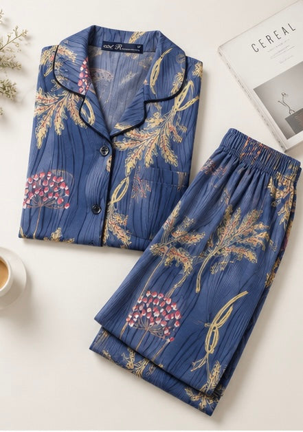 Women’s Botanical Print Cotton Night Suit Set – Full Sleeve Button-Down Pajama Set