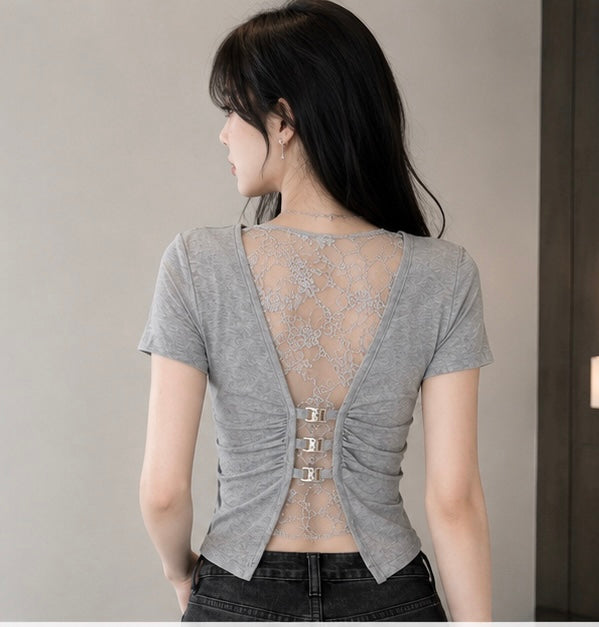 Lace Whisper Open-Back Fitted Crop Top