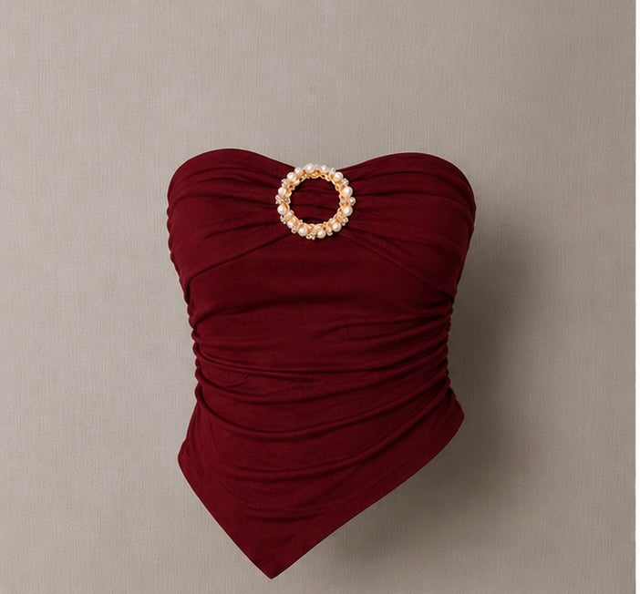 Burgundy Pearl-Ring Ruched Bandeau Top