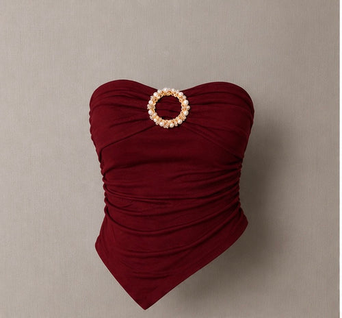 Burgundy Pearl-Ring Ruched Bandeau Top