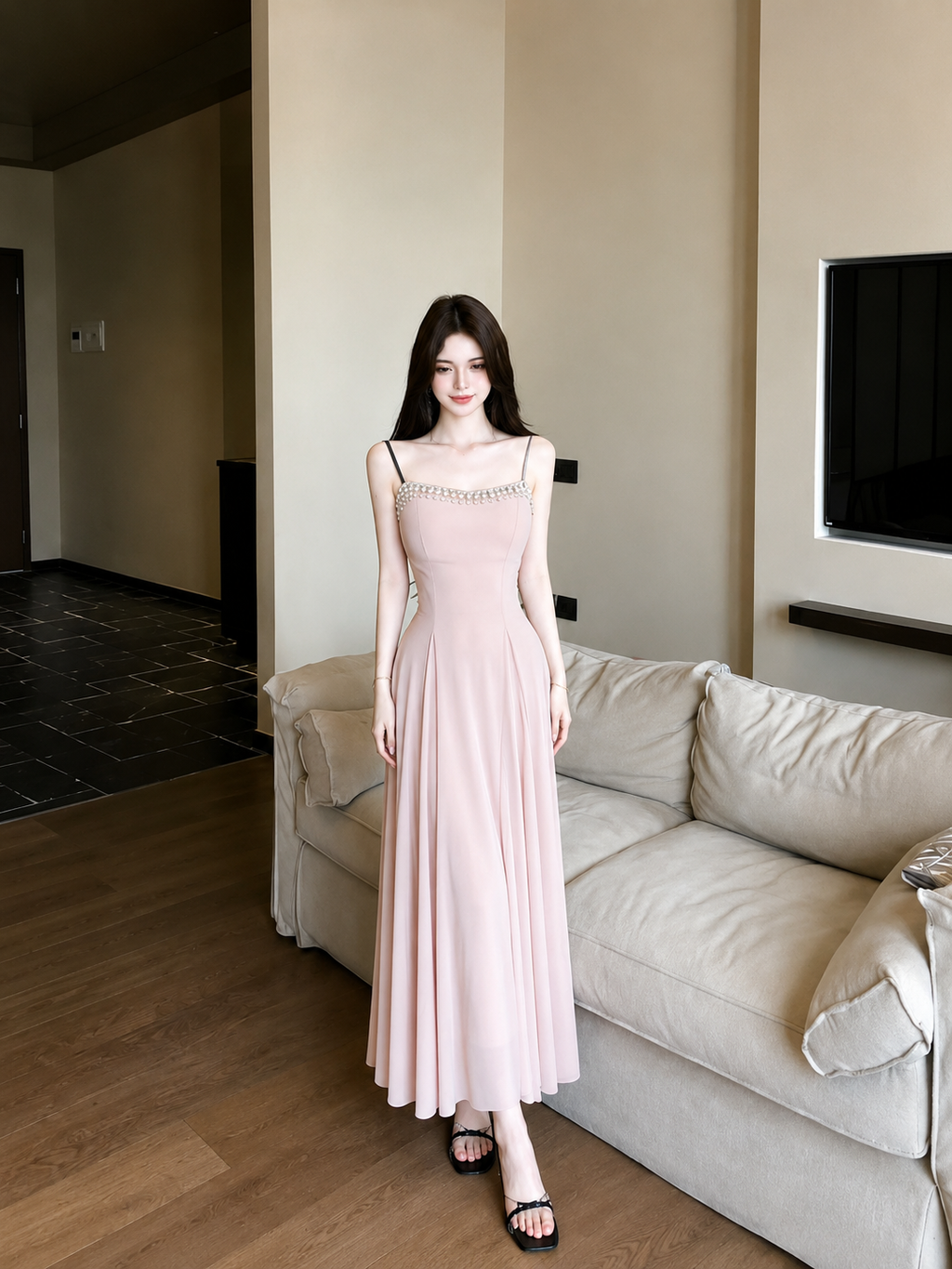 Women’s Elegant Rhinestone Strap Dress – Sleeveless Party & Evening Gown