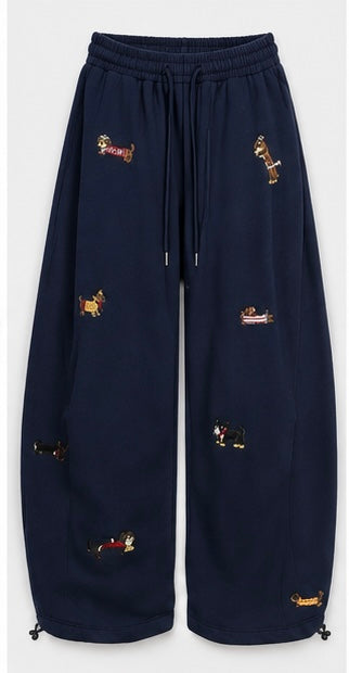 Cute Dachshund Embroidered Wide-Leg Lounge Pants