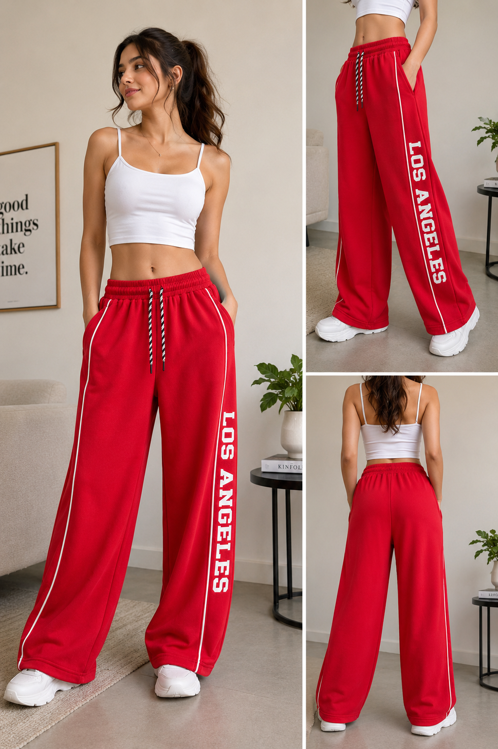 Women’s Red Wide Leg Track Pants with Side Piping & Los Angeles Print | High-Waist Casual Streetwear