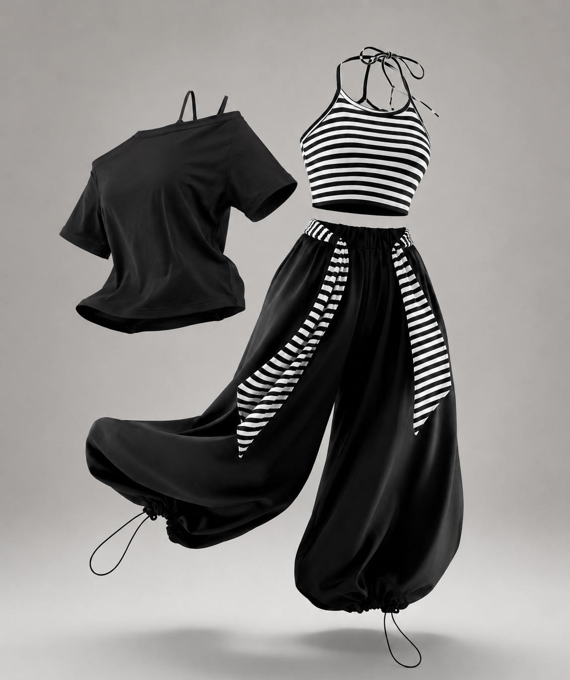 Women’s 3-Piece Off Shoulder Co-Ord Set with Striped Crop Top, Balloon Pants & Shrug | Korean Style Outfit