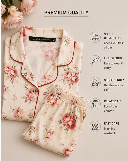 Women’s Floral Print Night Suit Set – Soft Cotton Full Sleeve Pajama Set