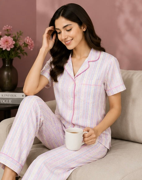 Women’s Premium Cotton Striped Night Suit Set | Soft Half Sleeve Button-Down Pajama Set | Comfortable Sleepwear | Pink & Lavender