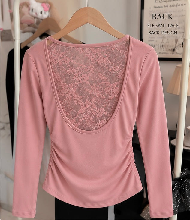 Women’s Padded Lace Back Full Sleeve Top | Round Neck Slim Fit Stretchable T-Shirt