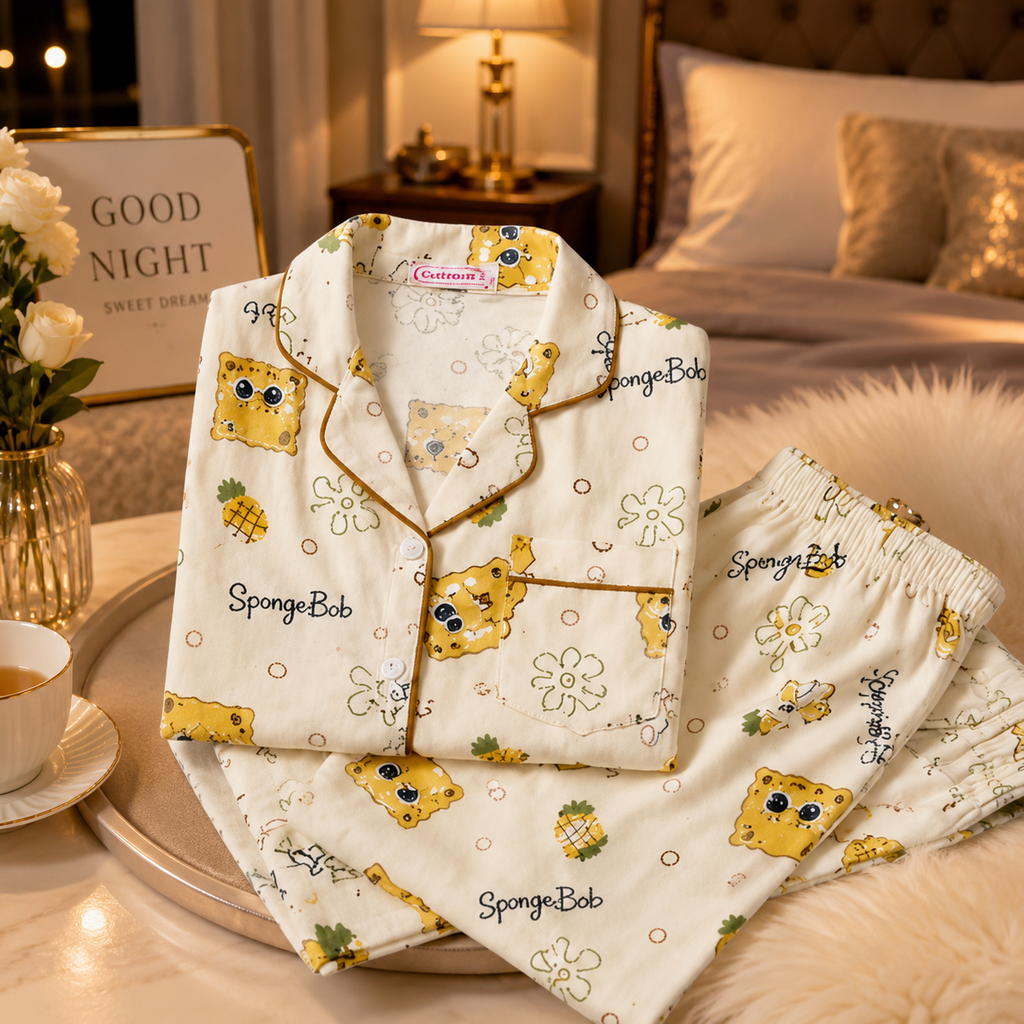 Women’s Premium Cotton SpongeBob Printed Night Suit | Soft Half Sleeve Button-Down Pajama Set | Cute Cartoon Sleepwear | 2 Piece Lounge Set