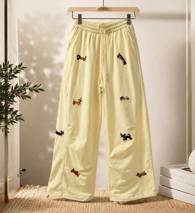 Cute Dachshund Embroidered Wide-Leg Lounge Pants