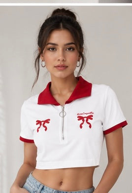 Cherry Zip-Up Crop Polo Top for Women