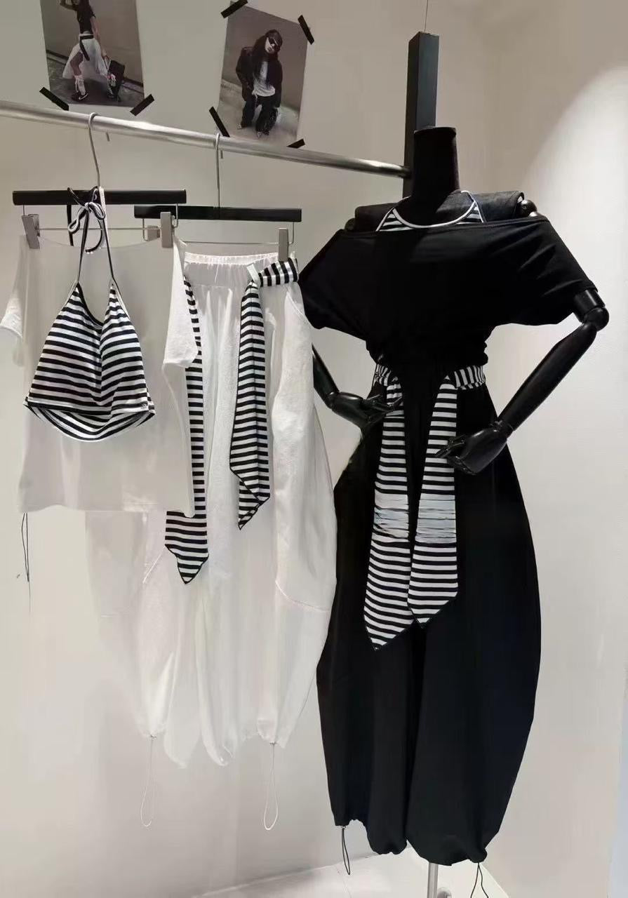 Women’s 3-Piece Off Shoulder Co-Ord Set with Striped Crop Top, Balloon Pants & Shrug | Korean Style Outfit