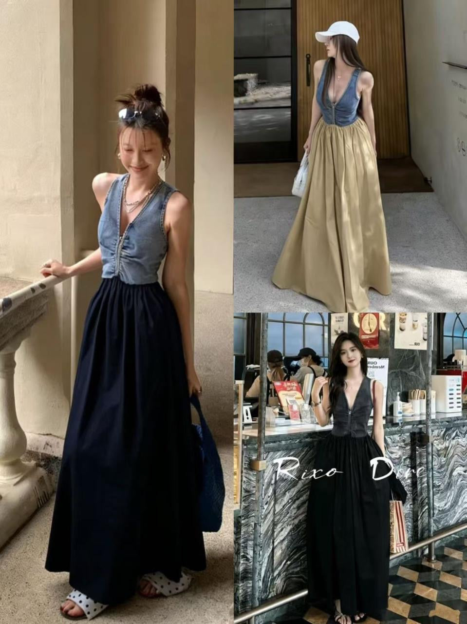 Women’s Premium Denim Corset Maxi Dress | Sleeveless Deep V-Neck Flared Long Dress