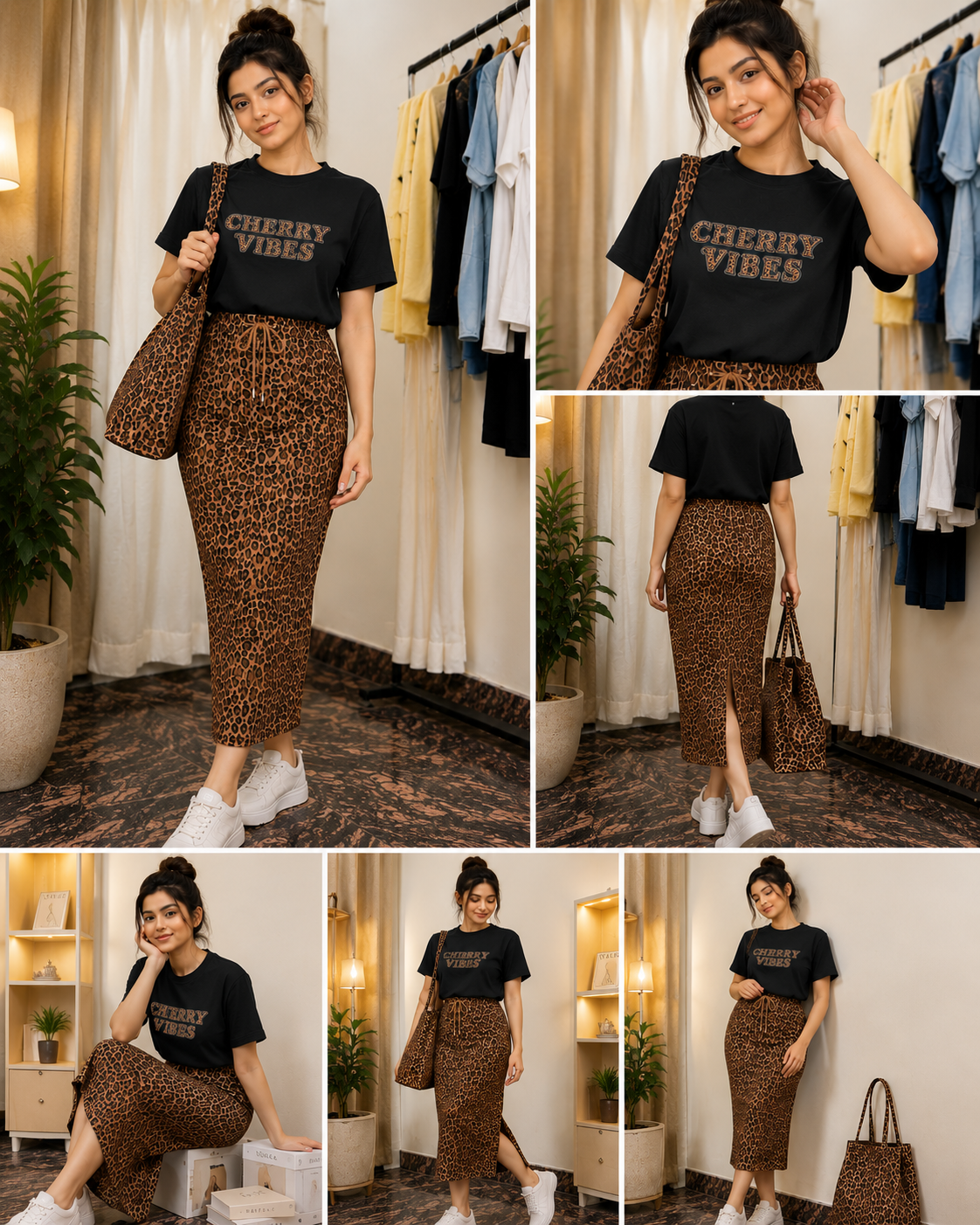 Women’s Cherry Vibes Graphic Oversized T-Shirt with Leopard Print Midi Skirt Co-Ord Set | Casual Trendy Outfit