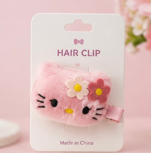 Kawaii Plush Kitty Hair Clips – Cute Cartoon Fur Hair Pins (Pack of 2)