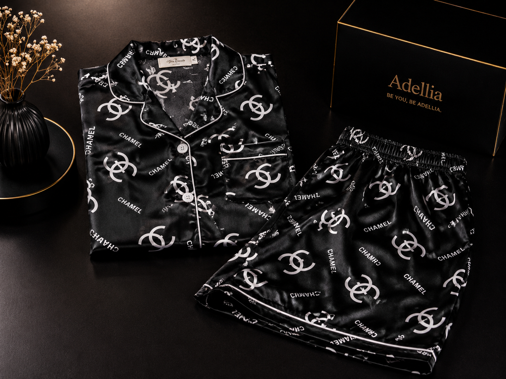 Women’s Premium Satin Half Sleeve Night Suit Set | Button-Down Shirt & Shorts | Soft Silk Feel Sleepwear | Black Printed Lounge Wear