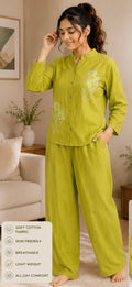 Women’s Premium Cotton Embroidered Night Suit Set | 2 Piece Full Sleeve Shirt & Full Bottom Pajama Set | Soft Breathable Lounge Wear | Regular Fit