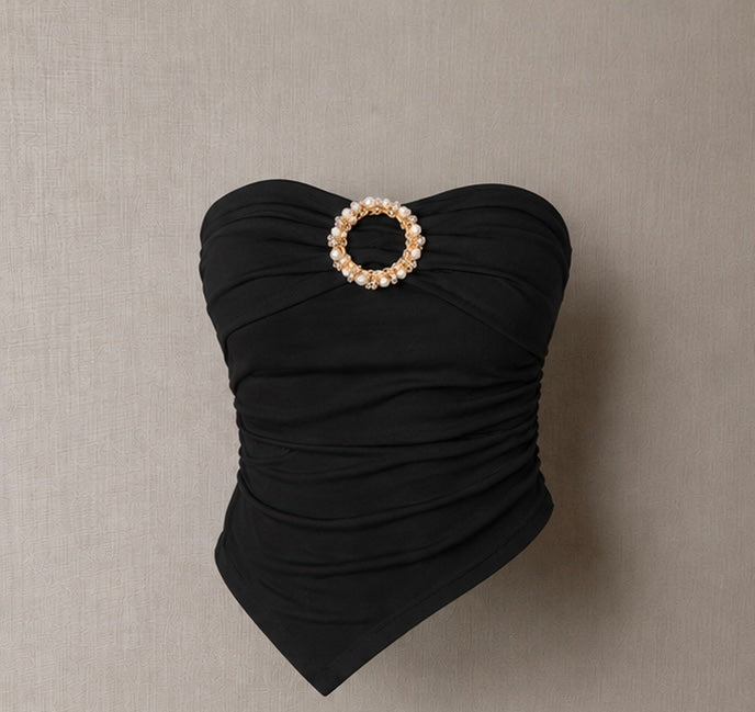 Burgundy Pearl-Ring Ruched Bandeau Top
