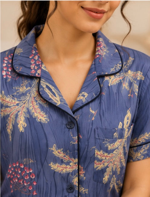 Women’s Botanical Print Cotton Night Suit Set – Full Sleeve Button-Down Pajama Set