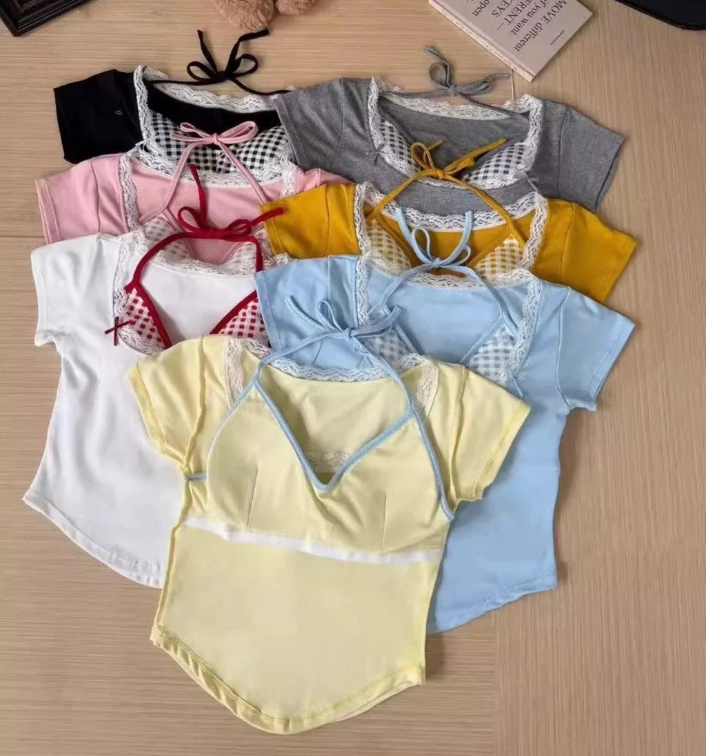 Women’s Korean Style Lace Layered Ribbed Half Sleeve Slim Fit Top | Soft Stretch Casual T-Shirt