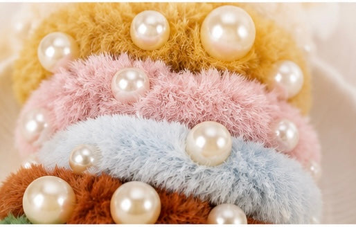 Plush Pearl Scrunchies – Luxury Fuzzy Hair Ties (Pack of 6)