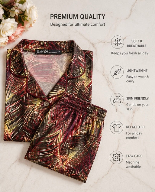 Women’s Printed Satin Night Suit Set – Half Sleeve Button-Down Pajama Set
