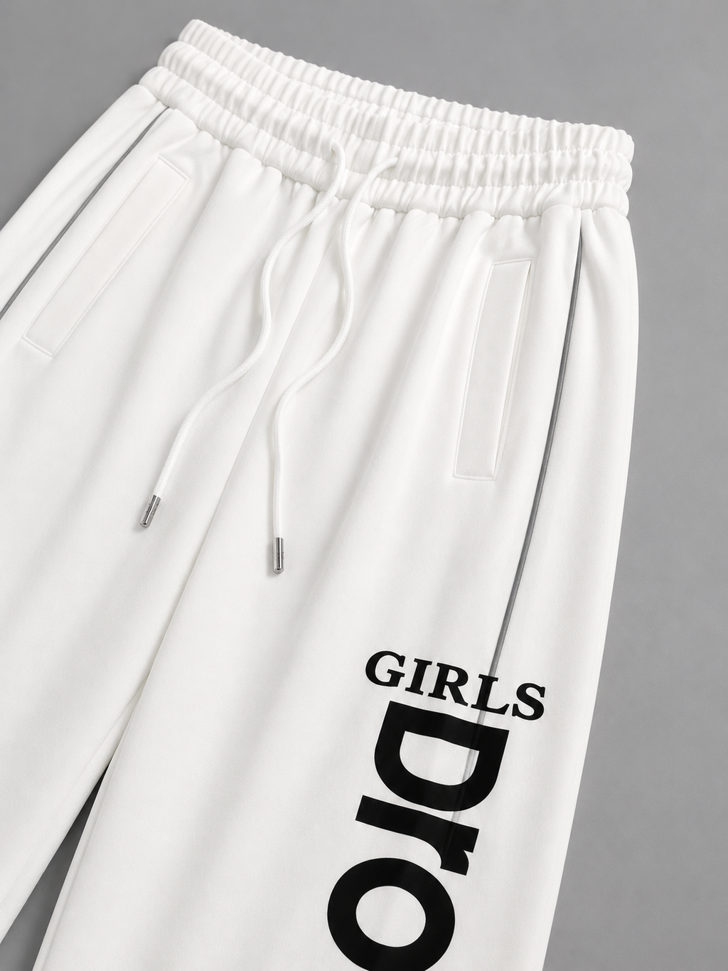 Women’s White Wide Leg Track Pants with Graphic Print | Oversized High-Waist Streetwear Joggers