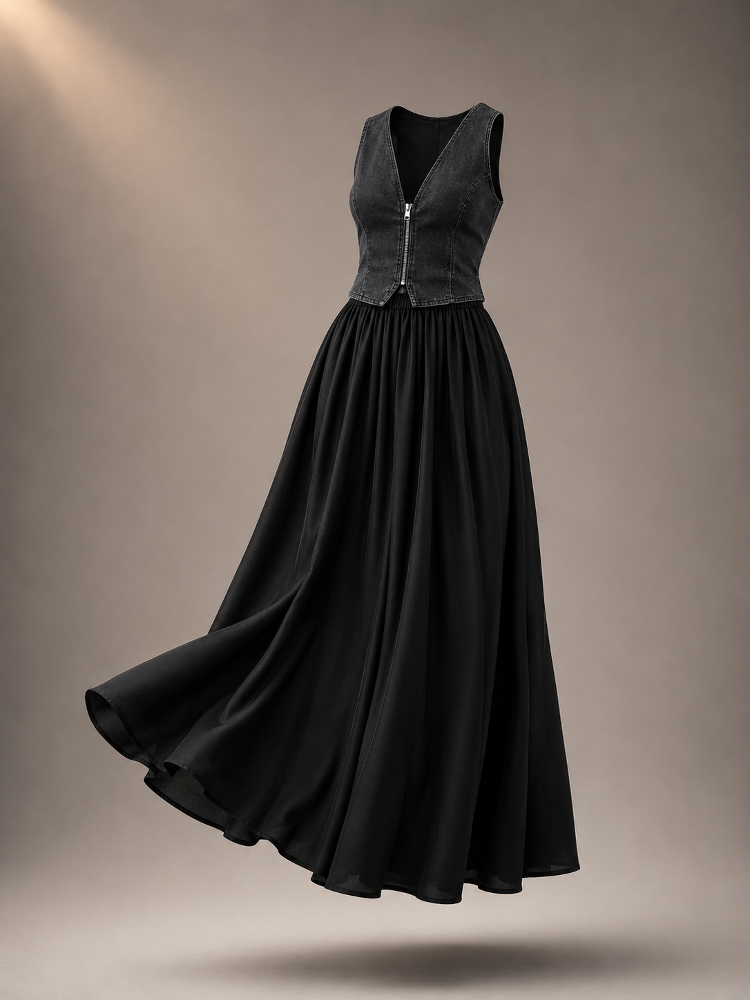 Women’s Premium Denim Corset Maxi Dress | Sleeveless Deep V-Neck Flared Long Dress