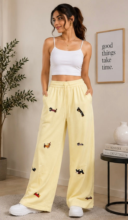 Cute Dachshund Embroidered Wide-Leg Lounge Pants