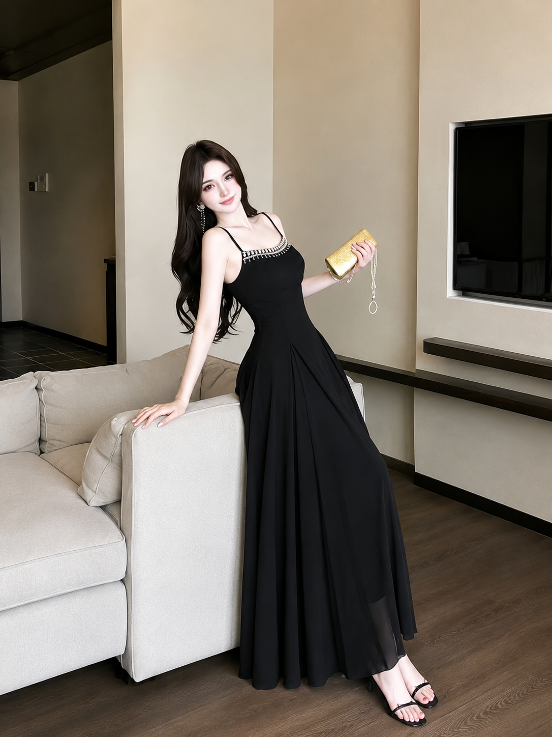 Women’s Elegant Rhinestone Strap Dress – Sleeveless Party & Evening Gown