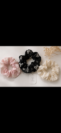 3 Pcs Floral Embroidered Organza Scrunchies for Women & Girls | Soft Elastic Hair Ties | Pink, Black & Cream