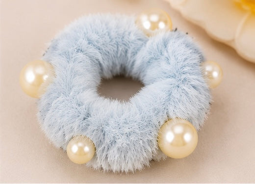 Plush Pearl Scrunchies – Luxury Fuzzy Hair Ties (Pack of 6)