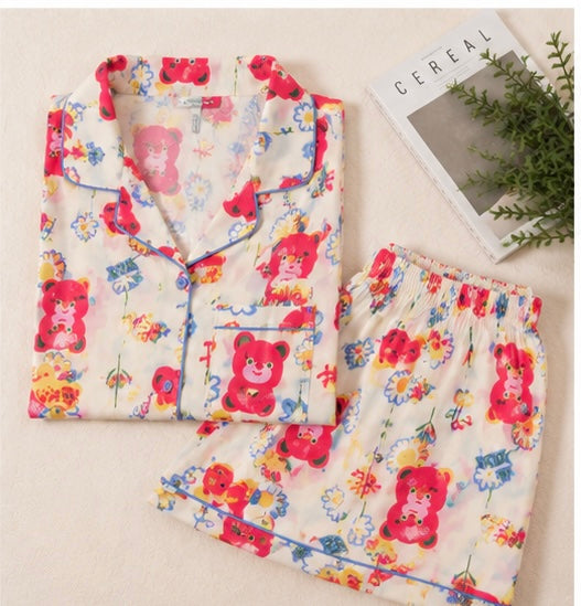 Women’s Cute Teddy Bear Print 3 Piece Night Suit Set | Half Sleeve Shirt, Full Pants & Shorts